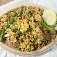 Crab Fried Rice · With real crab meat, green onion, peas, carrot, and egg. With side of fresh cucumber.