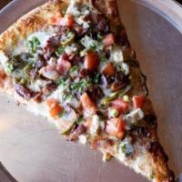 Slice Chicken Ranger · Topped with House Roasted Chicken, Bacon, Roma Tomato, Green Onion and Ranch Dressing Drizzl...