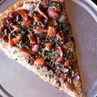 Slice El Patron · Topped with Oven Roasted Ground Beef, Jalapeno, Roma Tomato, Fresh Cilantro, House Pickled R...