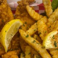 The 3+10 · Three pieces of New Orleans fried catfish and ten cajun shrimp. Served with fries, hushpuppi...