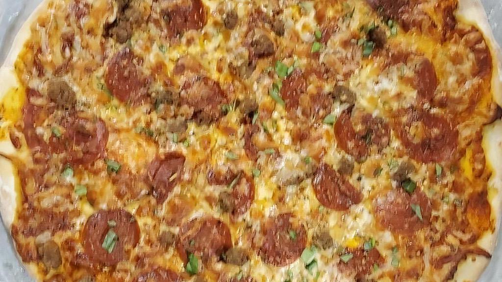 Supreme · House pizza sauce, house white cheese blend, pepperoni, Italian sausage, ground beef, ham, black olives, red onions, red, and green peppers, mushrooms.