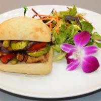 Grilled Organic Tofu And Vegetables Sandwich · Grilled asparagus, eggplant, zucchini, yellow squash and red bell pepper. Served on ciabatta...