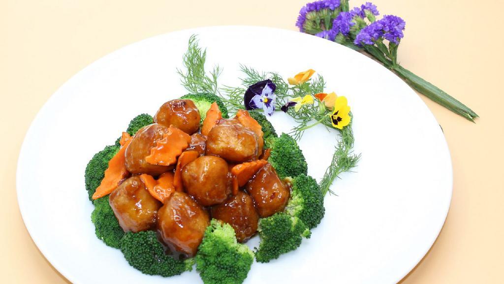 General Tso'S Surprise · Vegetarian. Spicy. Chunks of veggie-chicken in General Tso sauce. Garnished with steamed broccoli and carrots.