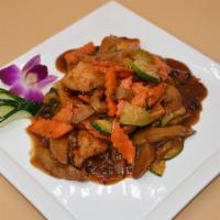 Wheat Gluten With Fermented Black Bean Sauce · Vegetarian. Vegan. Spicy. Sautéed with organic fried tofu, carrots and zucchini.
