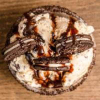 Oreo Blitz · Cookies and cream ice cream with a chocolate drizzle topped with whole oreo cookies a chocol...