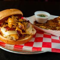 Brian'S Chicken Sandwich · Seasoned Grilled Chicken Breast, with Swiss & Cheddar cheese, Grilled Onion & Mushrooms, Bac...
