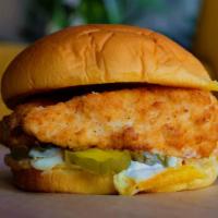 Good Ass Chicken Sandwich · Chicken tendies, dill pickle chips, mayo on a potato bun.