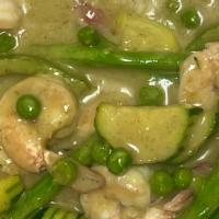 Green Curry · Curry with Thai basil, green peas, red peppers, green peppers, snow peas, green zucchini, an...