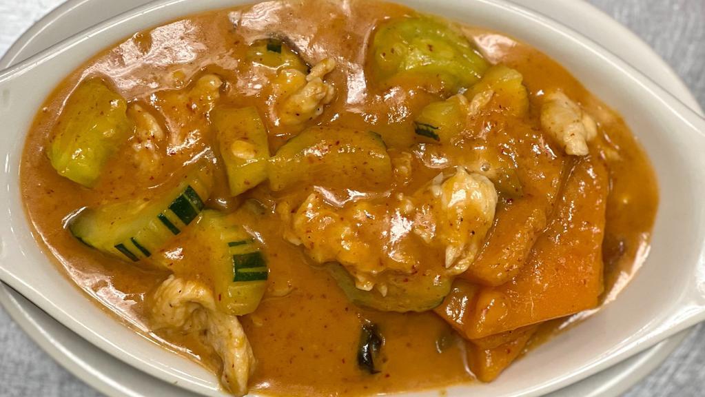 Thai Curry And Squash · Chicken sautéed with zucchini, summer squash, butter squash, and peppers in red curry sauce.