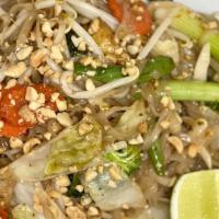 Vegetarian Pad Thai · Thai noodles, stir fried with tofu, peanuts, bean sprouts and scallions.