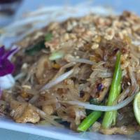 Pad Thai · Stir-fried rice noodles with egg, bean sprouts, scallions and ground peanuts in our special ...
