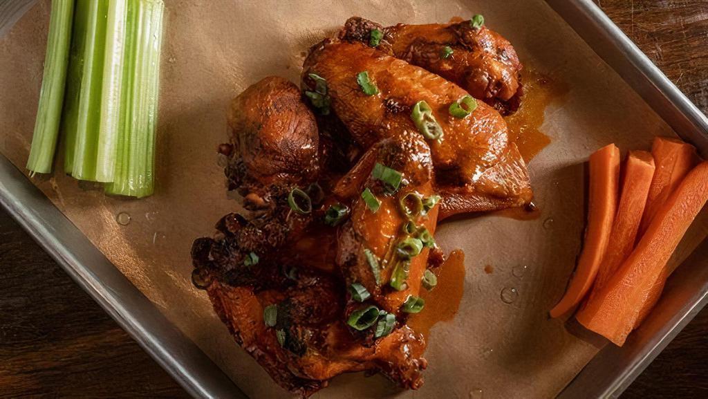 Wings (8) · (8) BBQ, Buffalo, Honey Chipotle. or Naked, Carrots, Celery
