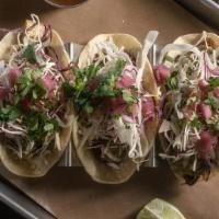 House Tacos (3) · Any Combination of 2 or 3 Tacos:. Steak, Chicken, or Fried Avocado,. Monterey Jack, Pickled ...