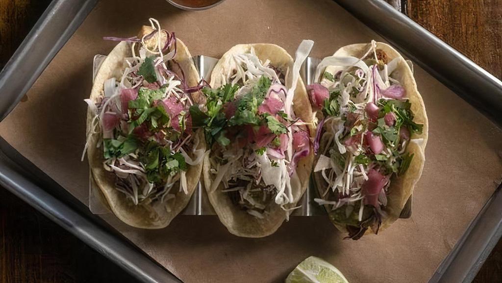 House Tacos (3) · Any Combination of 2 or 3 Tacos:. Steak, Chicken, or Fried Avocado,. Monterey Jack, Pickled Red Onion,. Cabbage, Cilantro, Avocado Jalapeño. Sauce, Corn or Flour Tortilla