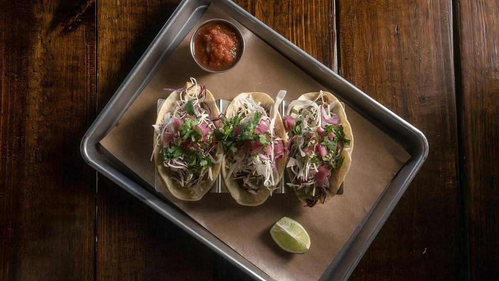 House Tacos (2) · Any Combination of 2 or 3 Tacos:. Steak, Chicken, or Fried Avocado,. Monterey Jack, Pickled Red Onion,. Cabbage, Cilantro, Avocado Jalapeño. Sauce, Corn or Flour Tortilla