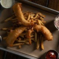 Fish & Chips · Beer Battered Cod, Hand-Cut Fries or Sweet Potato Fries, Coleslaw