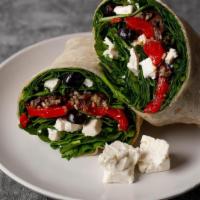 Greek D-Liter · Fresh chopped garlic, feta cheese, fresh baby spinach, black olives, and roasted red peppers.