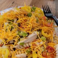 Pasta Salad- Large · Rotini pasta, pepperoni, chicken, mushrooms tomatoes , topped with Italian dressing and shre...