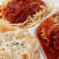 Sampler Platter · Spaghetti, lasagna, Fettuccine Alfredo.

Extra Sauce  .99   Order below in extras!
