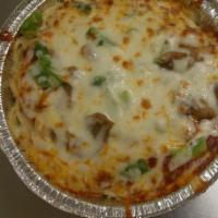 Baked Spaghetti-With Veggies · Baked  Spaghetti with mushrooms, green peppers and chopped onions smothered with mozzarella ...