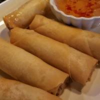 Crispy Veggie Egg Rolls (5) · Vegetarian. Deep fried spring roll with carrots, vermicelli and cabbage.