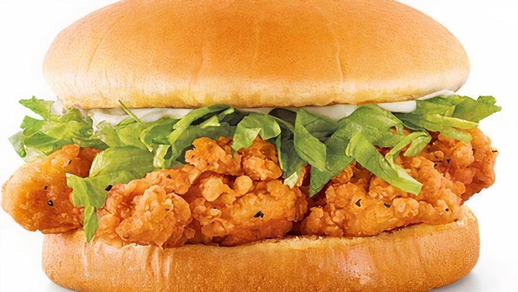 Chicken Tender Sandwich · Two tender, juicy all white meat chicken strips topped with fresh shredded lettuce and creamy mayo.