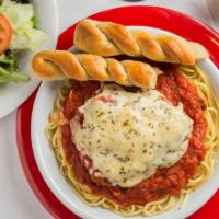 Chicken Parmesan · Breaded Italian style chicken breast with Parmesan and Mozzarella cheese served over spaghet...