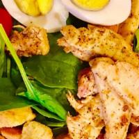 Baby Spinach Salad · Baby spinach, grape tomatoes, grilled chicken, boiled egg, bacon bits, croutons with French ...