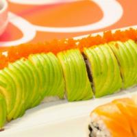 Green Dragon Roll · Inside: BBQ eel and cucumber. Top: sliced avocado and fish egg with eel sauce.