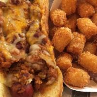Chili Cheese Dog · All beef hot dog topped with our chili of the day, diced onions, and our house beer cheese