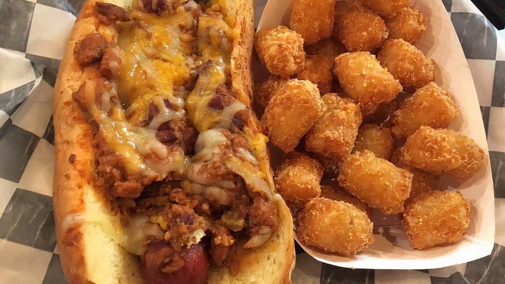 Chili Cheese Dog · All beef hot dog topped with our chili of the day, diced onions, and our house beer cheese