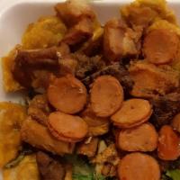 Latin Picadera · Beef, chicken chunks, pork chunks, fried cheese, mesclun mix and fried plantains. Carne de r...