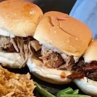 Triple Play Sliders · There sliders- one pulled pork, one pulled chicken and one chopped beef. With choice of two ...