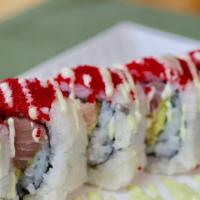 Big Sexy · Real crab, tuna, red snaper, avocado, and cucumber, topped with red tobiko, wasabi sauce