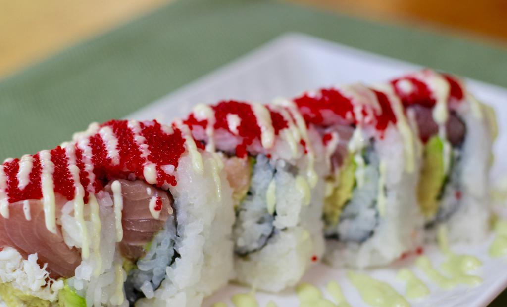 Big Sexy · Real crab, tuna, red snaper, avocado, and cucumber, topped with red tobiko, wasabi sauce