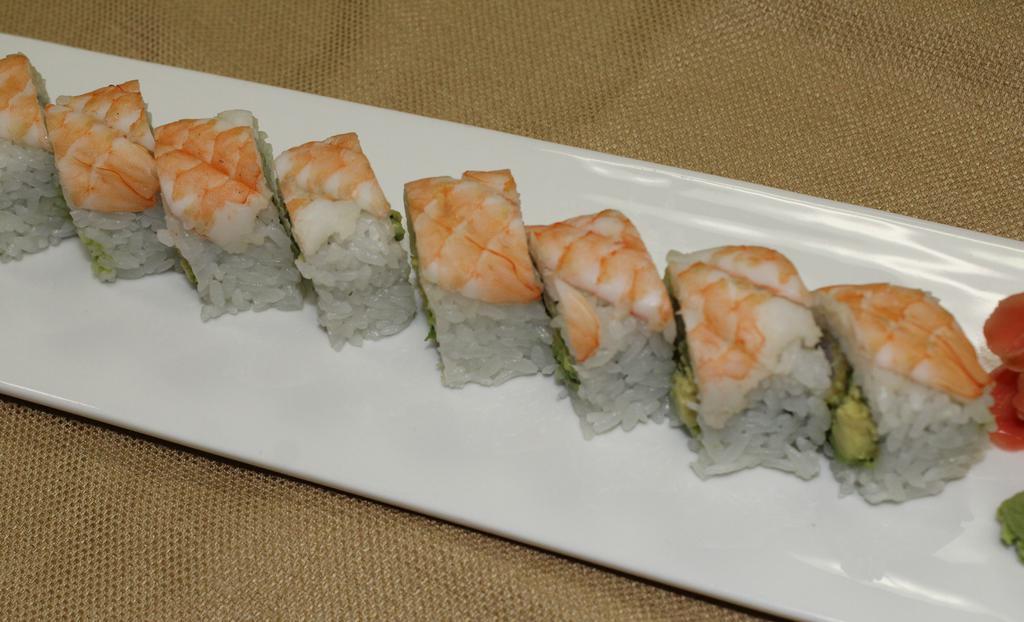 Tiger Maki · Shrimp tempura, avocado, cucumber, topped with steamed shrimp, eel sauce