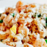 Chicken & Shrimp Fried Rice · Pan Fried rice with chicken, shrimp, vegetables and egg. Serve with yummy yummy sauce.