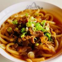 Beef Udon · Beef bone broth,Thin sliced ribeye and shredded onions cooked in ground ginger, sake, soy, a...
