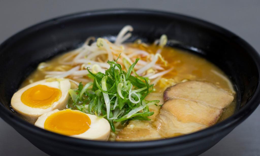 Shoyu Ramen · Pork bone broth flavored with house soy mix, topped with chashu, seasoned egg, bean sprouts, and scallions.
Ramen consists of wheat egg noodles.