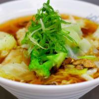 Veggie Ramen · Seaweed, shiitake mushroom broth flavored with soy mix, topped with cabbage, mushrooms, broc...