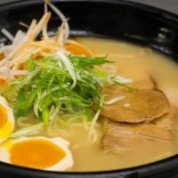Shio Ramen · Pork bone broth flavored with mixed sea salt, topped with chashu, seasoned egg, bean sprouts...