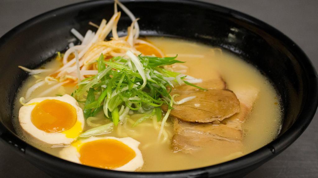 Shio Ramen · Pork bone broth flavored with mixed sea salt, topped with chashu, seasoned egg, bean sprouts, and scallions.
Ramen consists of wheat egg noodles.