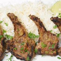 #6. Lamb  Chops  Kabab  · Four pieces of two-bone in lamb chops, marinated in rosemary garlic & grilled to perfection....