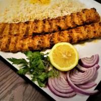 #2. Chicken Challow Kabob · Two juicy skewers of charbroiled premium quality seasoned ground chicken served with rice  o...