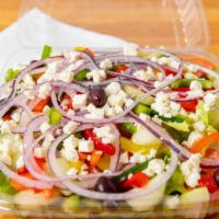 Greek Salad · Feta, kalamata olives, banana peppers, cucumbers, tomatoes, green and red peppers over romai...