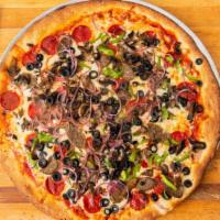 Supreme Pizza · Pepperoni, Italian sausage, mushrooms, green peppers, red onions and black olives.