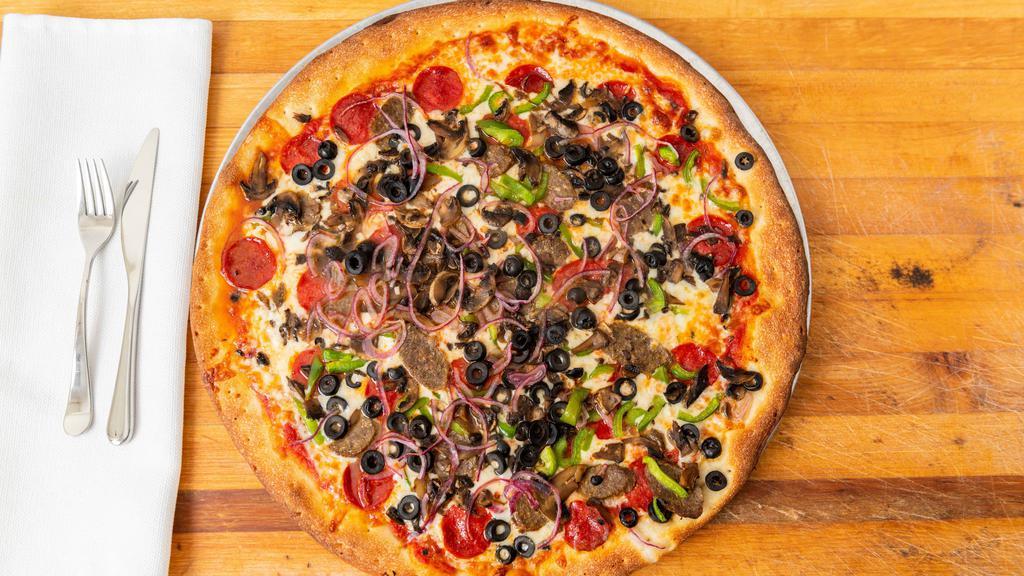 Supreme Pizza · Pepperoni, Italian sausage, mushrooms, green peppers, red onions and black olives.