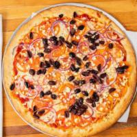 Greek Pizza · Tomatoes, feta cheese, kalamata olives, and red onions.