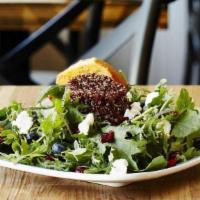 Kale Mary · Baby kale with red cabbage, shredded carrots, goat cheese, quinoa, cranberries, tomatoes, se...