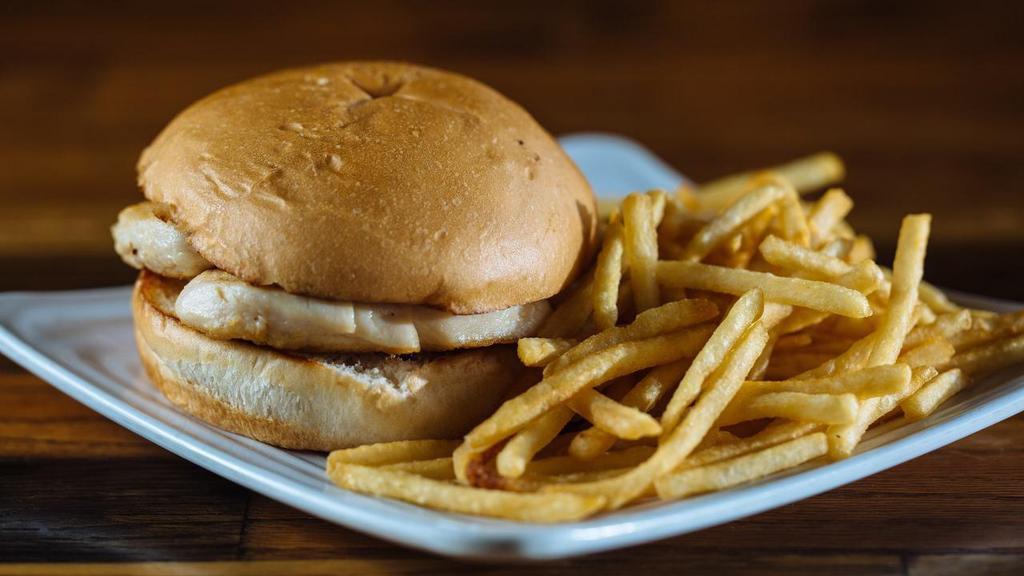 Kid Chicken Sandwich · 4 oz Chicken Breast. Choose with or Without Cheese, and comes plain and dry. Served with your choice of Skinny Fries or Fruit.